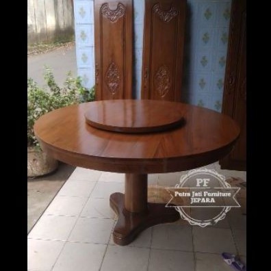 Meja makan bundar + meja putar kayu jati Jepara