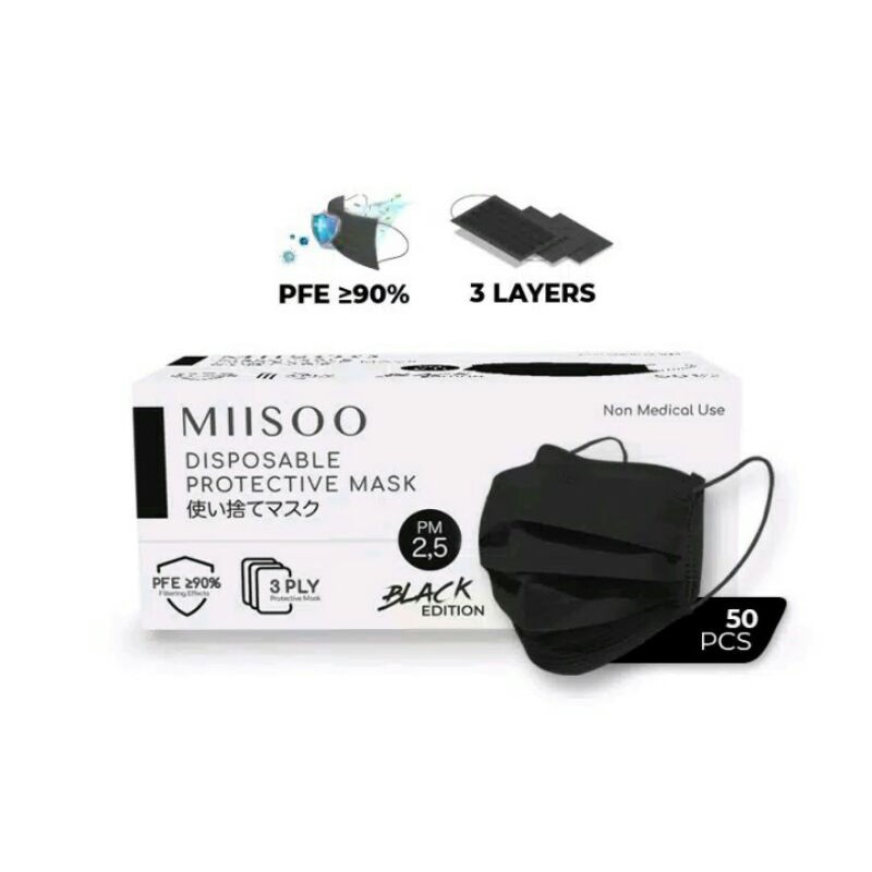 MIISOO Disposable Masker Hitam Black Edition 50pcs Masker Kesehatan