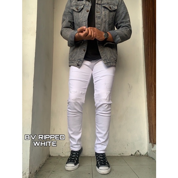 Celana Jeans Sobek Putih Pria Black Viper / Romeo Original Stret 28-33 Slimfit Jeans Ripped White Pakai Lapisan/Puring