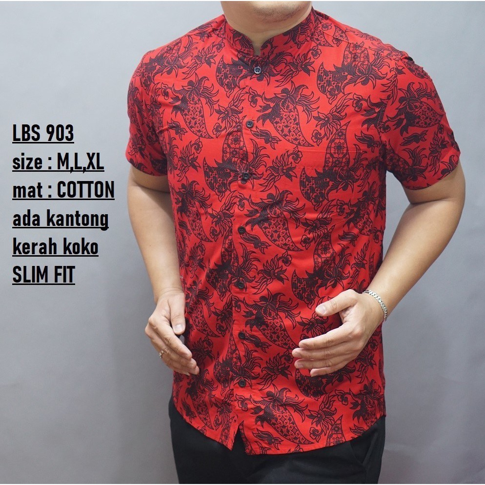 KEMEJA BATIK PRIA SLIM FIT MODERN KEREN HEM BATIK PRIA SLIM FIT IMLEK MERAH EDITION LBS903