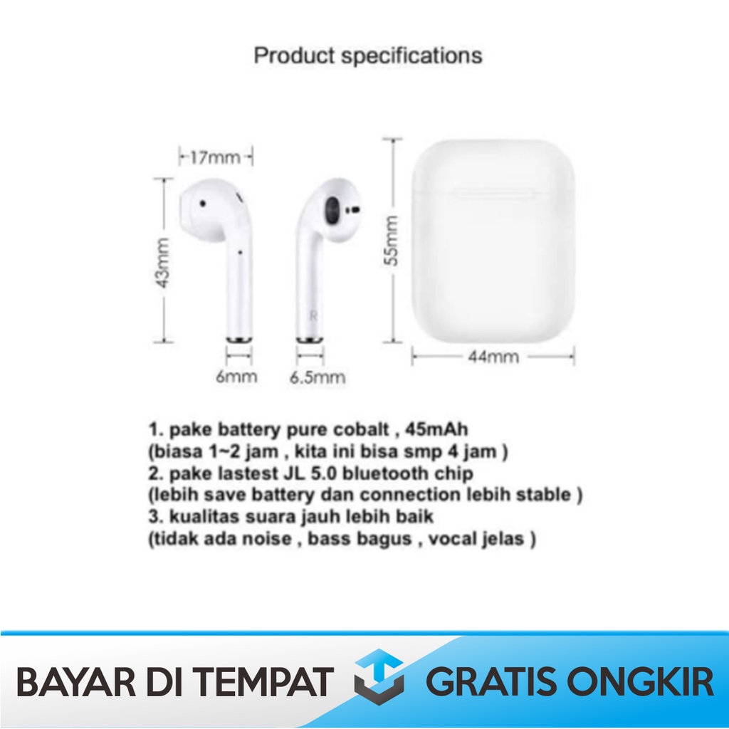 EARPHONE EARPODS BLUETOOTH 5.0 TWS WIRELESS WARNA PUTIH ORIGINAL MURAH