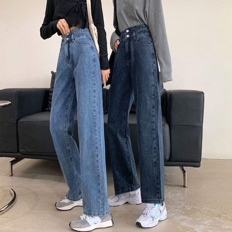 ✅COD JEANS HIGHWAIST PANTS  DENIM BLACK/BLUE/BLUE-BLACK LOOSE KOREA （Two Buttons）