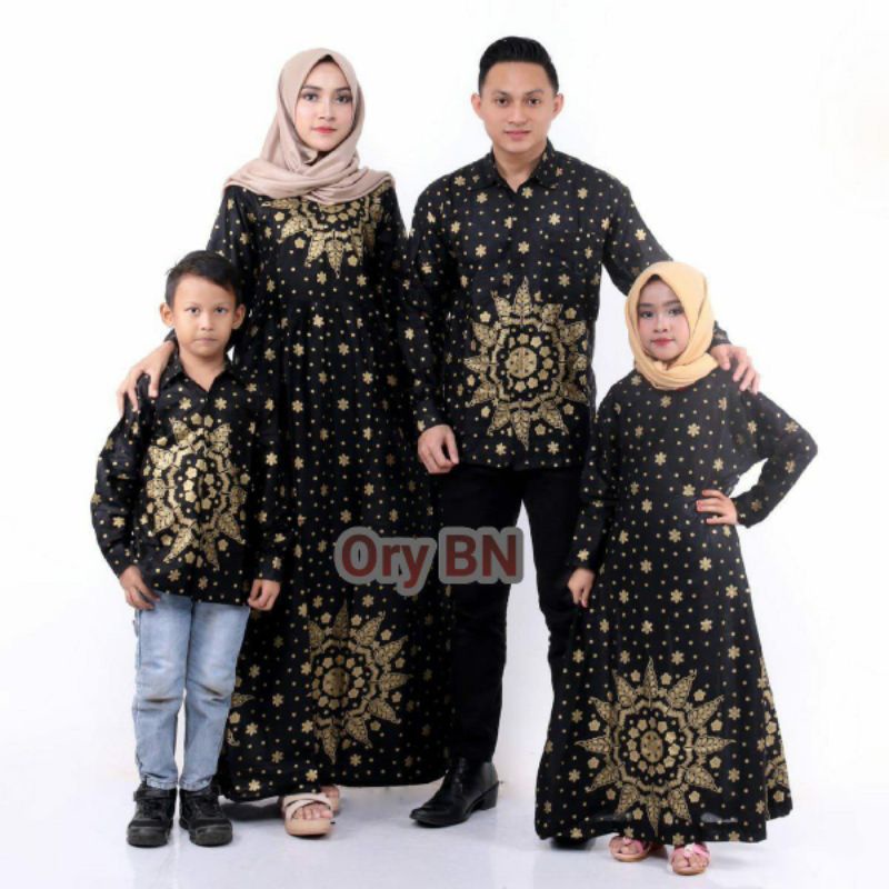 Maura Couple - Sania Ruffle Batik Keluarga Couple Jazy Gamis Syar'i - Gamis Kerah Jazy Terbaru Motif Matadaun Hitam 2022