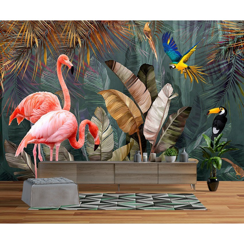 Photowall Mural 3d Dinding Wallpaper Mural Motif Burung Flamingo Tropical