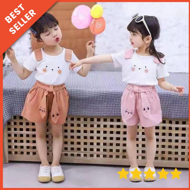 [0-4t] baju anak perempuan setelan celana pendek katun import 0-4 tahun MOTIF RENDA CHERRY / baju setelan celana anak cewek import kondangan motif CHERRY