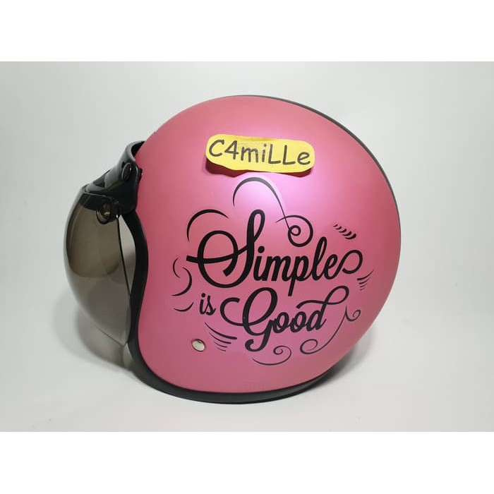 HELM RETRO ASCA SIG SIMPLE PINK DOFF BLACK HALF FACE PLUS KACA