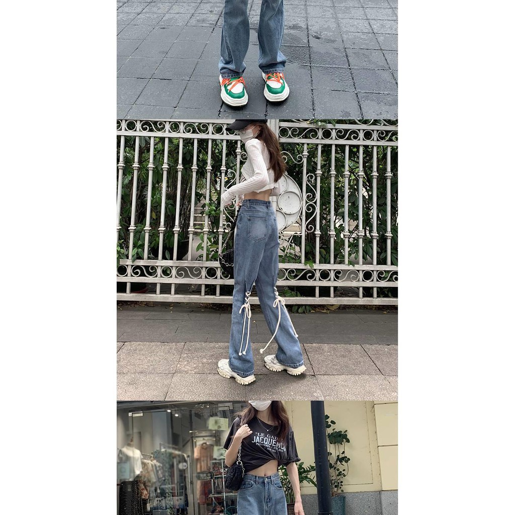 Suhao Perasaan Pinggang Tinggi dengan Tali Lurus Longgar Jeans Wanita Baru Terbungkus Celana【8Dikiri