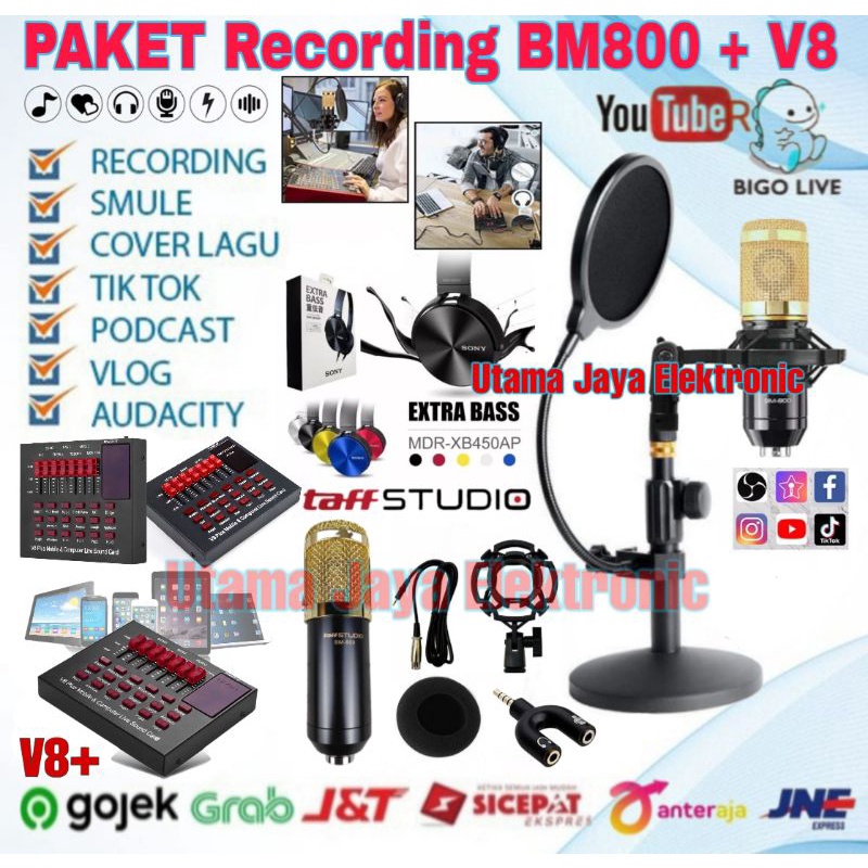 Paket Mikrofon BM800 Soundcard V8s Bluetooth Stand Meja Pop Filter Microphone Terbaik