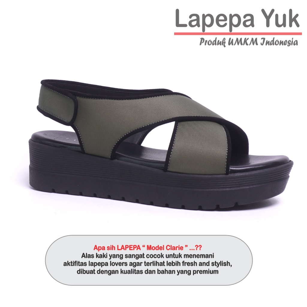 LAPEPA YUK -  Sepatu Sandal Wanita Wedges CLARIE Model Ban dua Tali Strap belakang Hak Tinggi Sole 4 cm Spatu Sendal Gunung Cewek  Size 36 37 38 39 40 Warna OLIVE Hijau Soft Cewe Kekinian Premium Terbaru Shoes Ori Original Mall Official Store Promo