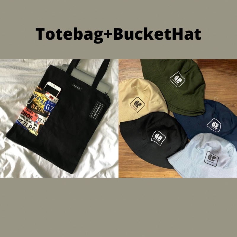 Tote bag (Black &amp; plat) &amp; Bucket Hat (Warna Random)