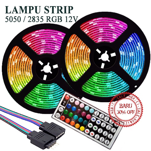 LAMPU LED STRIP 12V 2835 RGB 5 METER / 12V 5050 RGB 10 METER WARNA WARNI FREE ADAPTOR DAN REMOTE