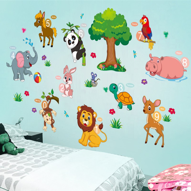 Stiker Dinding Hutan Hewan Kartun Gajah Singa Stiker Dinding
