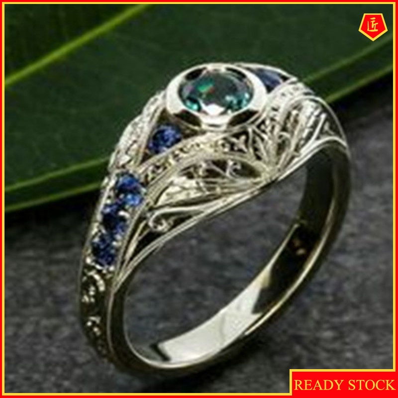 [Ready Stock]925 Silver Inlaid Sapphire Ring Retro Personality