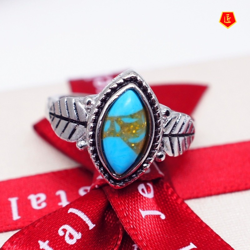 [Ready Stock]Retro Turquoise Leaf Shaped Ring Distinguished Personality