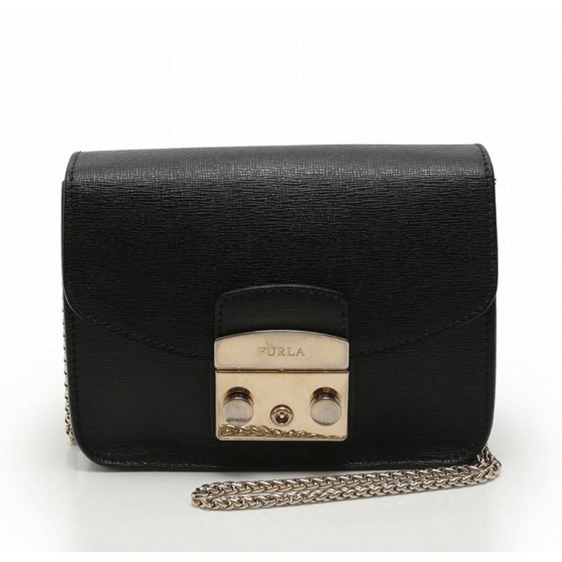 Furla Shoulder Bag Pochette Metropolis Chain Black Leather Ladies With Presentation Bag