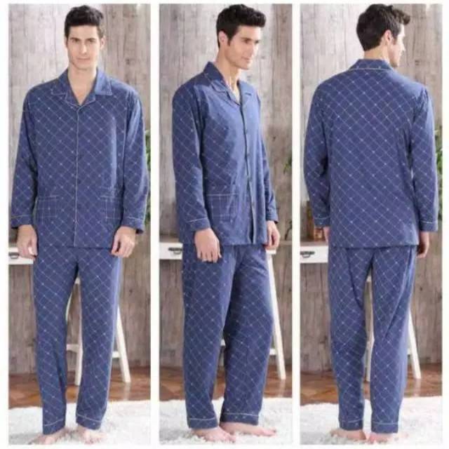 BAJU TIDUR PIYAMA PRIA PP KATUN TEBAL IMPORT BERKUALITAS MOTIF KRA KANCNG LIMA LENGAN PANJANG SETELAN CELANA PANJANG POLOS BIRU NAVY TERBARU SIZE L-XXXL FIT TO 85KG