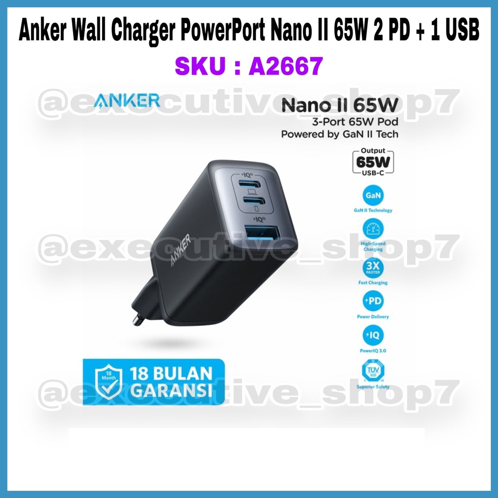 Anker Wall Charger Powerport Nano II 65W 2 PD + USB - SKU : A2667 - Garansi Resmi 18 Bulan