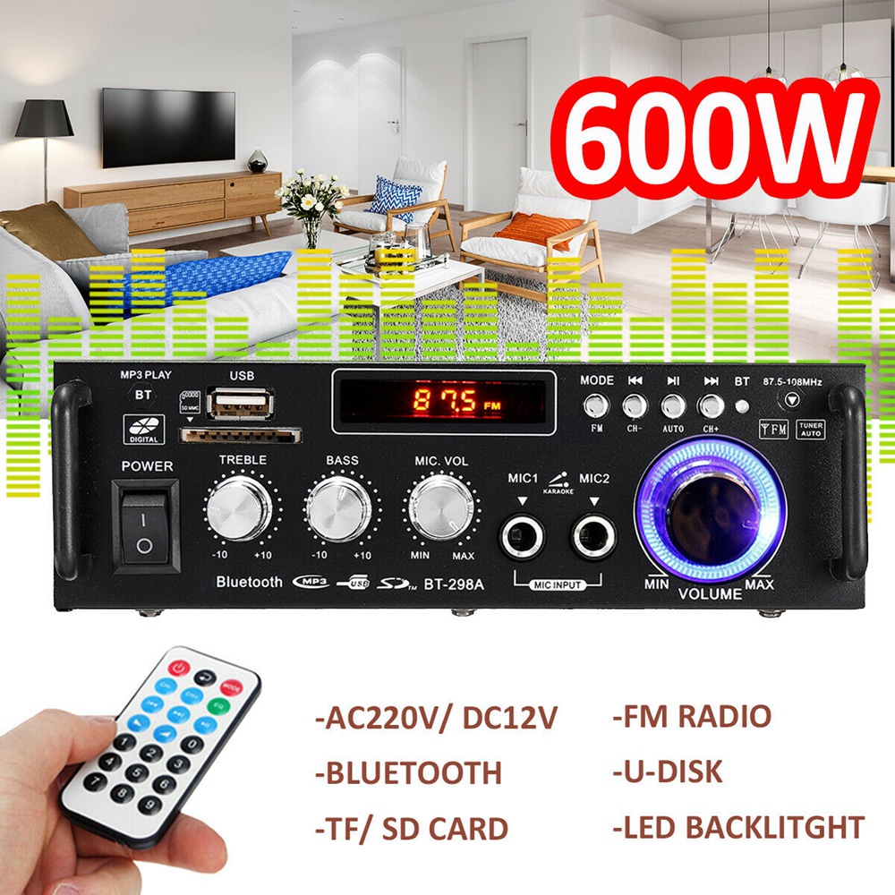 600W   BT-298A Power Ampli Amplifier Bluetooth Karaoke Home Theater FM Radio