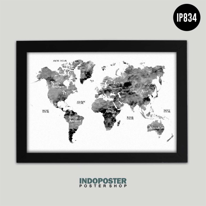 Poster Hiasan Dinding World Map Peta Dunia Monochrome PIPIMOCI A3 45X30cm