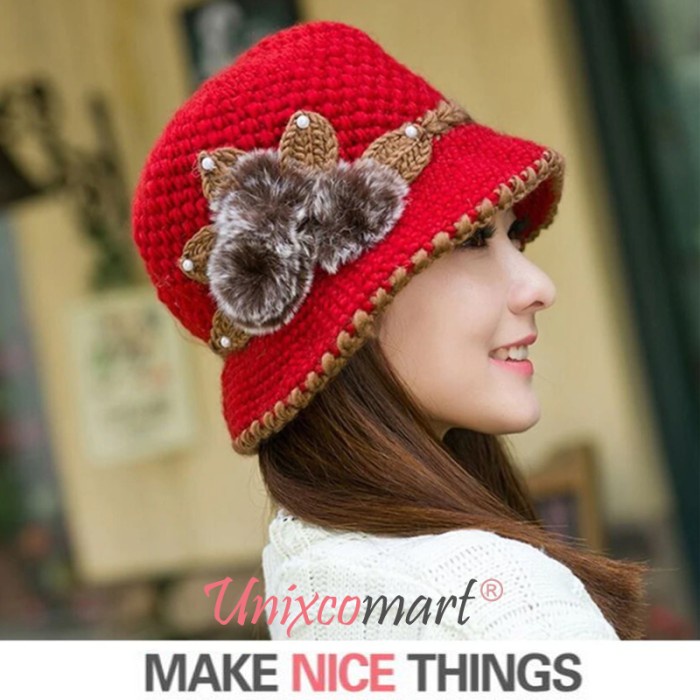 topi wanita Scarlett Bucket Hat Rajut Knitted Wanita Dewasa Casual Fashion - Red Q2S5 topi cewek kor