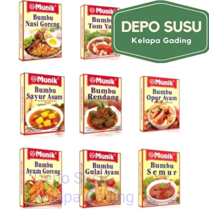 

Bumbu Instant Munik Rasa Rendang Soto Betawi Sop Buntut Kepiting Saos Padang Nasi Hainam Sayur Asam Opor Ayam Empal Soto Rawon Tom Yum Yam Goreng Gulai Semur Sambal Goreng Kentang Udang Kuah Bakso Uduk Betawi Mie Gado Kuning Panggang Sate Padang Teri