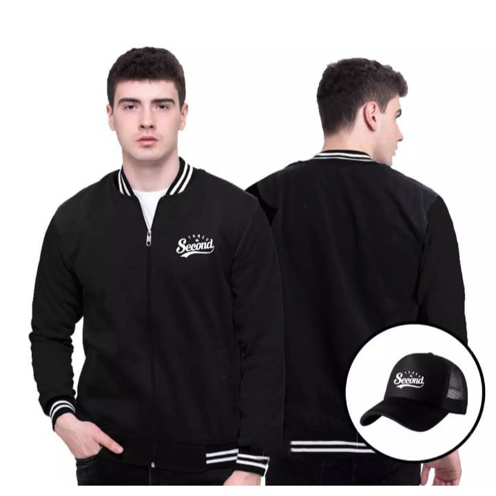 BONUS TOPI..JAKET VARSITY THREE SECOND WHITE PRINT - JAKET BASEBALL - JAKET BOMBER