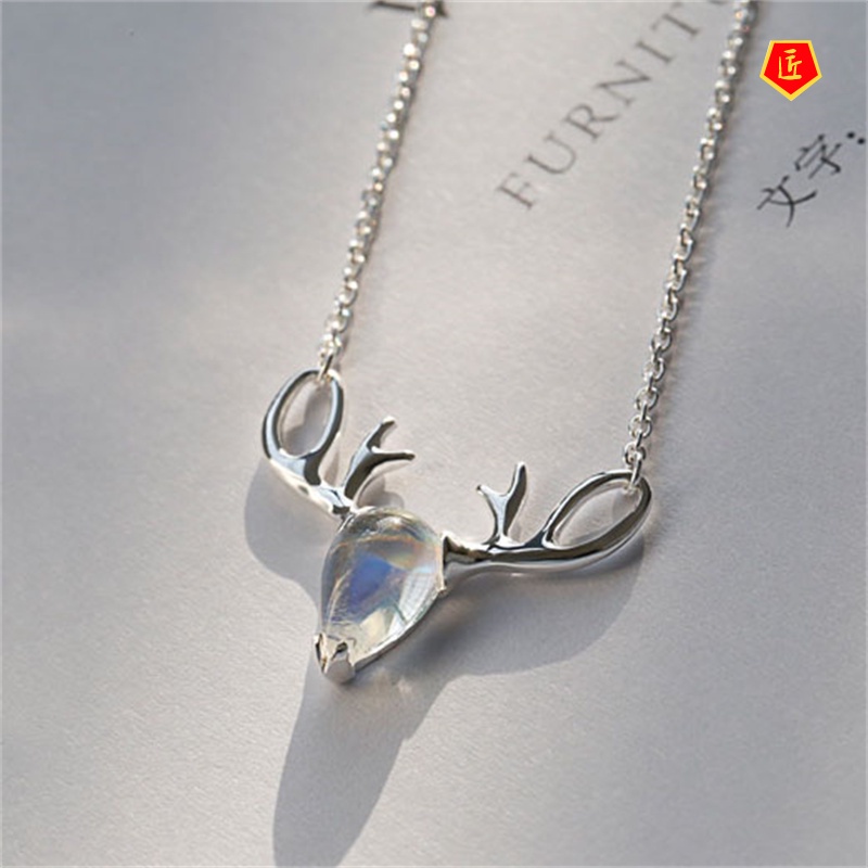 [Ready Stock]Korean Style Simple Moonstone Elk Necklace Women 925 Silver Niche