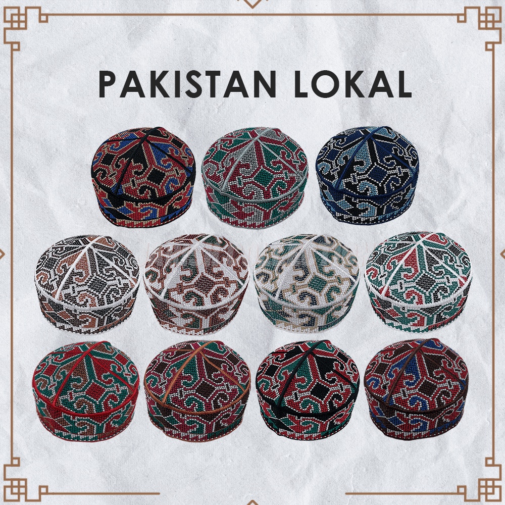 Peci PAKISTAN Motif Ovais Cap Full Bordir Kopiah Haji Premium Sholat Santri Pria Dewasa Anak Laki Kopyah Bulat Solat Pesantren Hitam Item Putih Hijau Biru Maroon Coklat Kopeah Murah Ori Original Polos Model Bordil Songkok Pakistan Kopia Motip Kupiah Impor