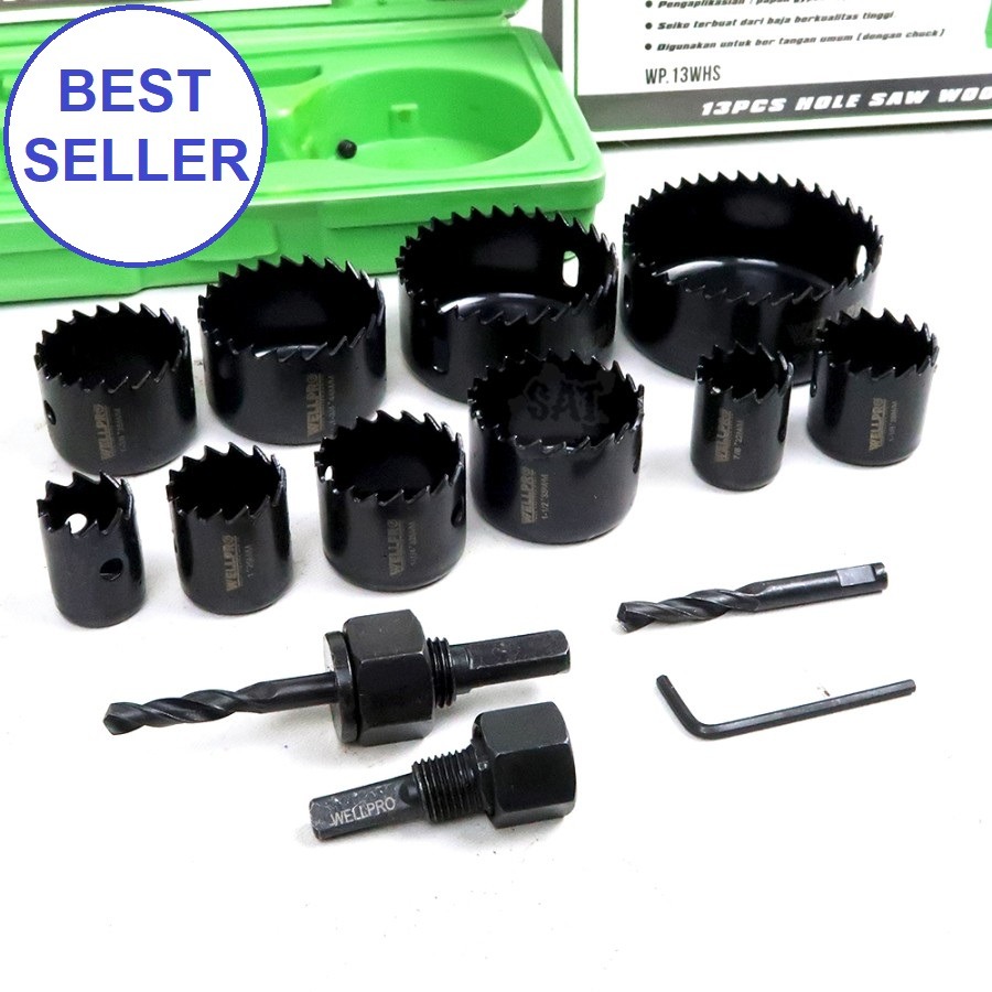 WELLPRO Hole Saw Kit 13 Pcs - Holesaw Set Mata Bor Pelubang Kayu