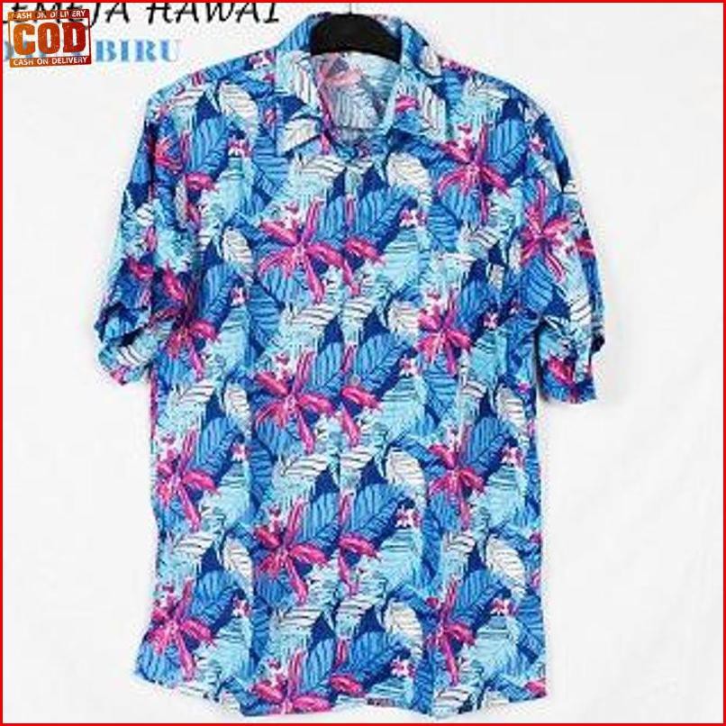 Μ450– Fortklass Kemeja Hawai Bali Pria Motif Daun Bunga Kemeja Pantai Cowok - Hawai Biru Š