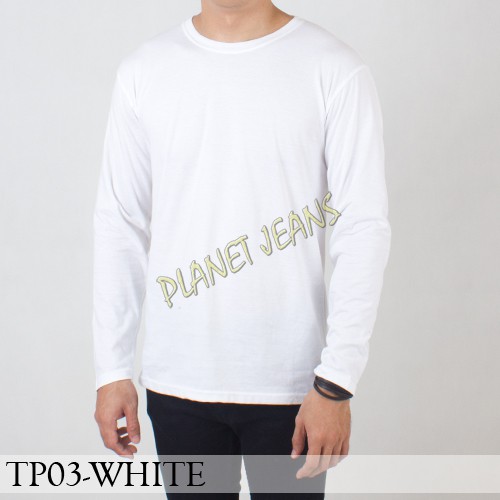 Baju kaos polos pria / polosan cowok tangan lengan panjang warna putih