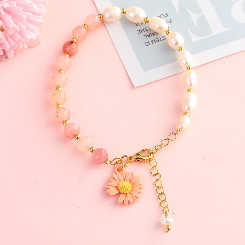 XiaoboACC Gelang Manik-Manik Mutiara Kristal Bunga Daisy Gaya Korea