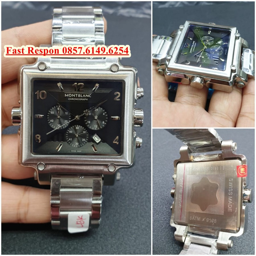 Hot Sale Jam Tangan Montblanc Chronograph Kotak Silver Dial Black Garansi 1th