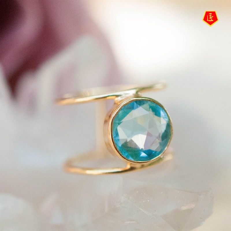 [Ready Stock]Simple Elegant Sea Blue Topaz round Diamond Ring 18K Gold