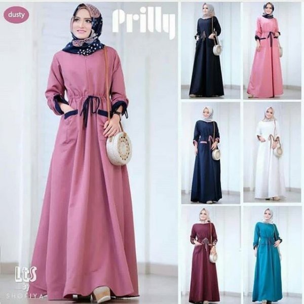 Pakaian Wanita sfs prilly gamis syari hitam marun pink polos gaun pesta hijab baju muslim cantik