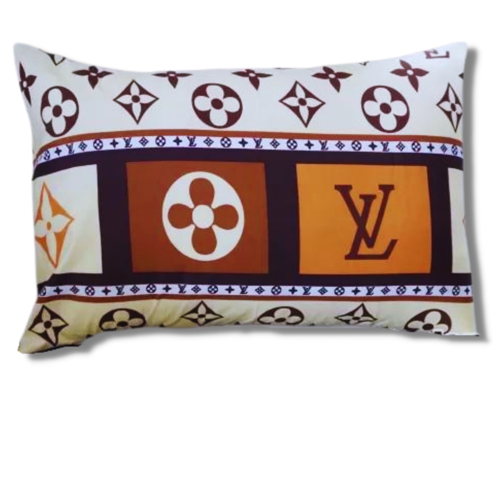 sarung bantal dan guling 1set murah motif LV Coklat bahan katun disperse warna tidak luntur