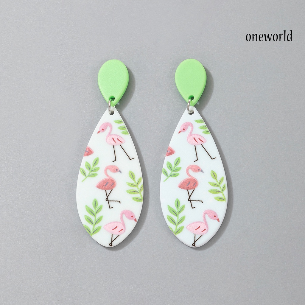 OW# Childlike Printed Flower Bird Pattern Resin Dangle Acrylic Ear Stud Earrings