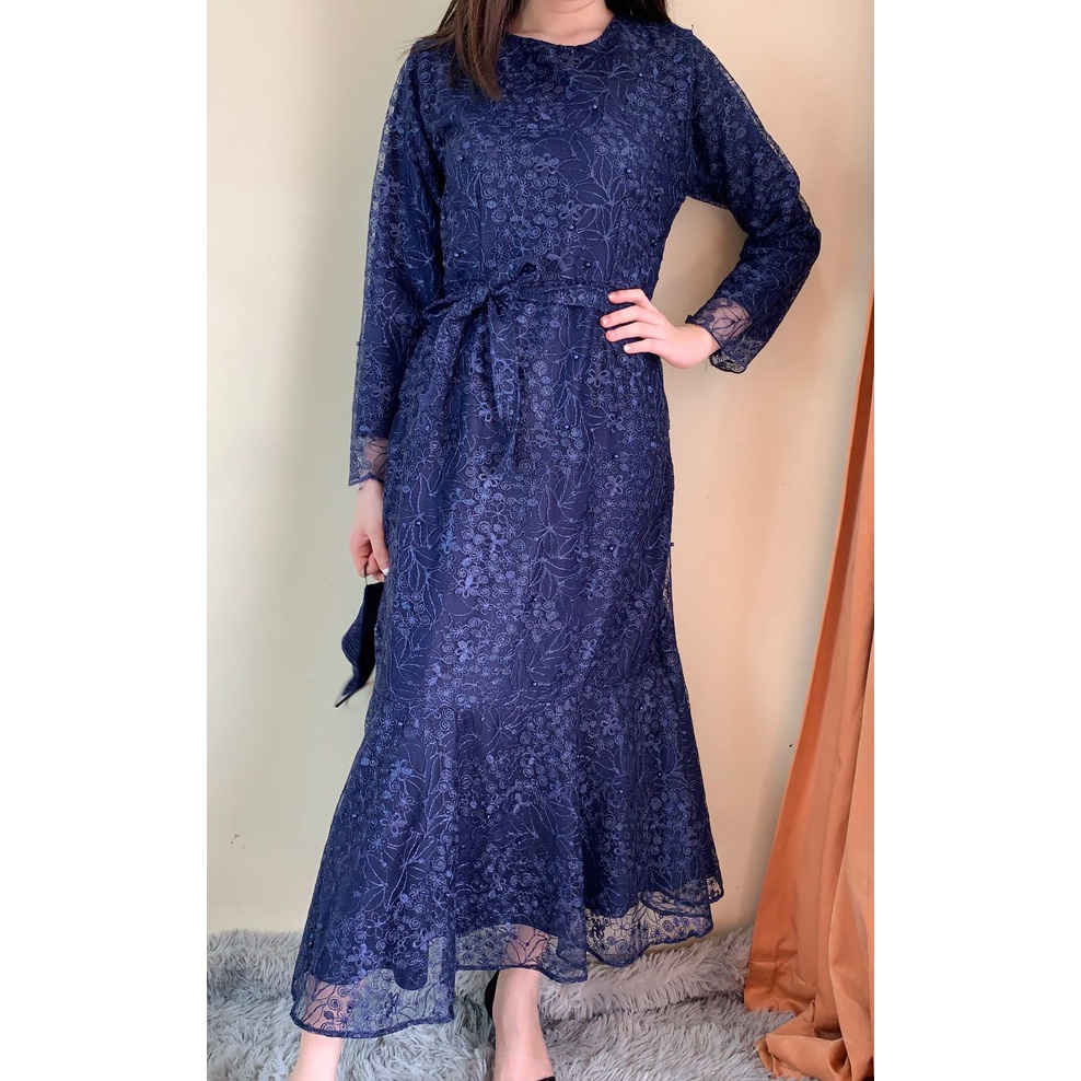 Ken-237 Busana Gamis Long Dress kondangan Muslim Hijab Wanita Dress Pesta Korean Look Model Duyung Premium Full Tulle High Quality-Navy