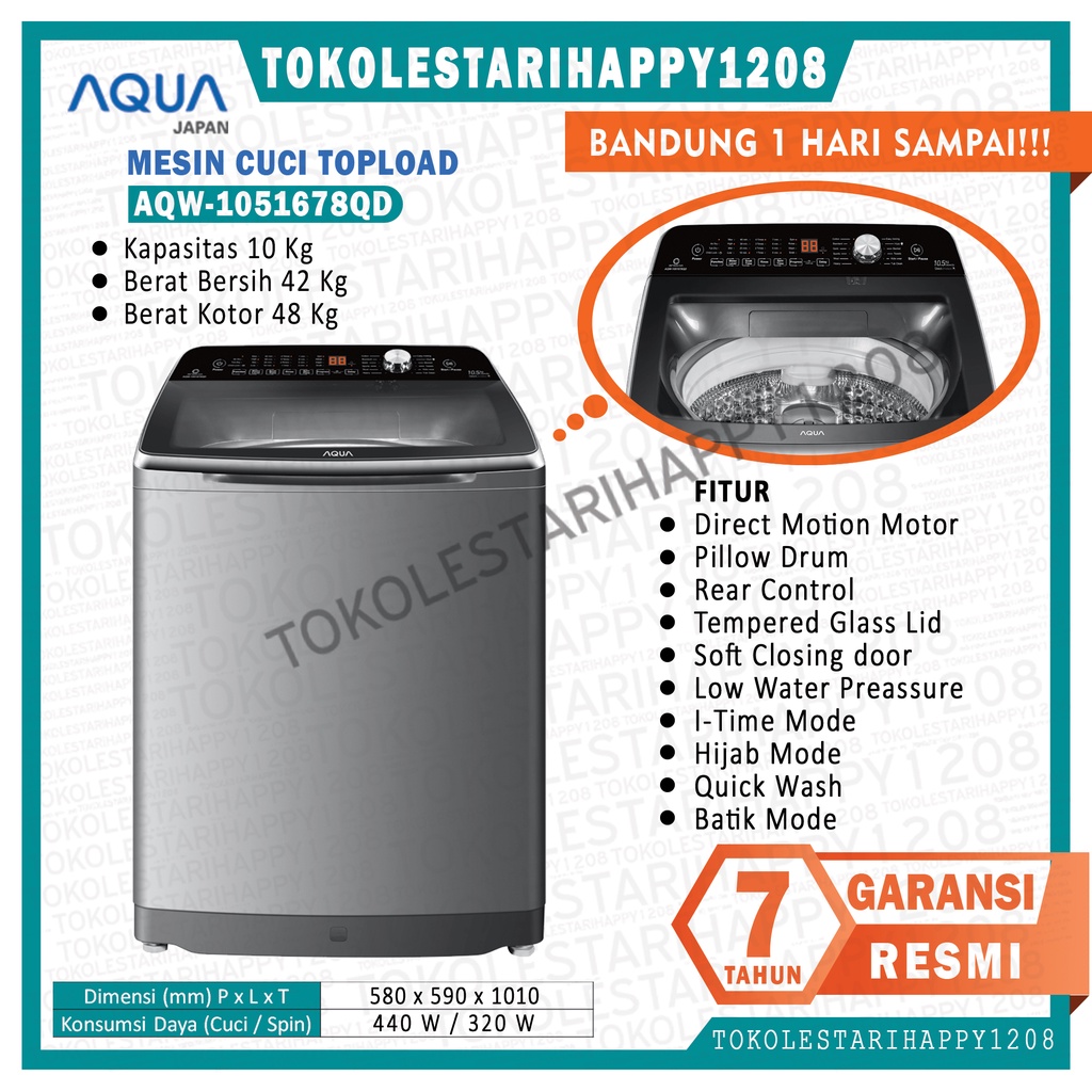 MESIN CUCI AQUA 1 TABUNG 10.5 KG TOP LOAD AQW-1051678QD AQW 1051678 QD SILENT SERIES GARANSI RESMI