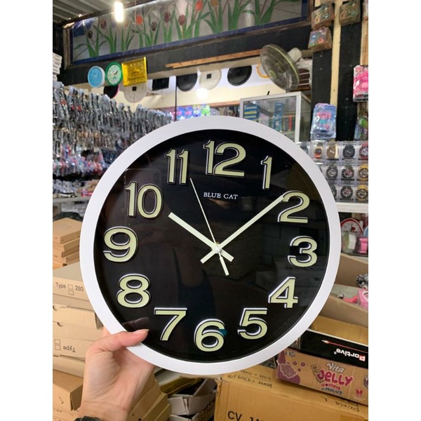 Jam dinding Glow in the dark blue cat angka timbul posfor 30 cm angka timbul