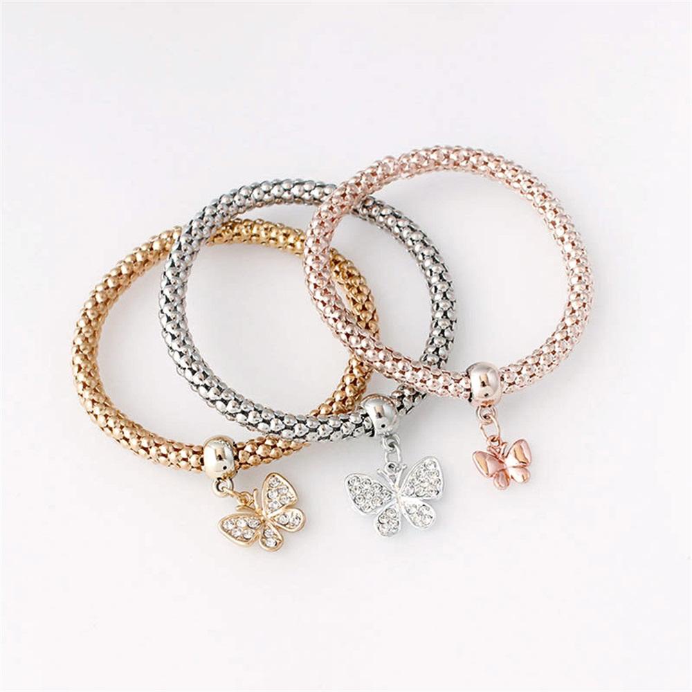 Lily 3Pcs/set Multilayer Pesona Gelang Baru Perak Emas Rose Gold Chic Kupu-Kupu/Liontin Hati