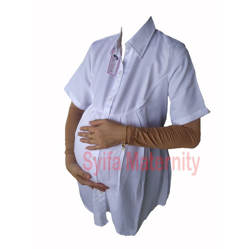 baju hamil kerja- Kemeja Hamil lengan pendek putih