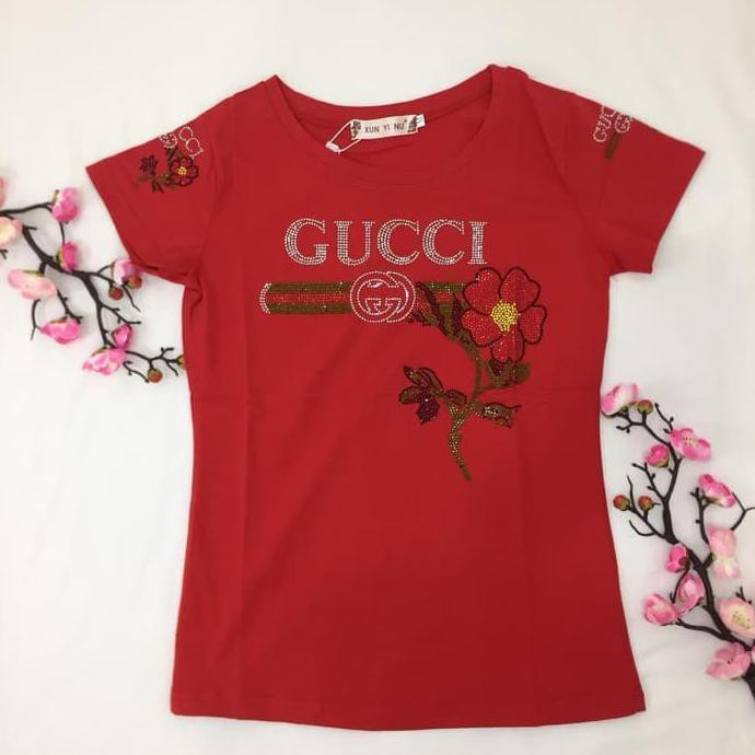 TERBARU KAOS WANITA MOTIF GUCCI BUNGA APLIKASI MOTE SPANDEX IMPORT