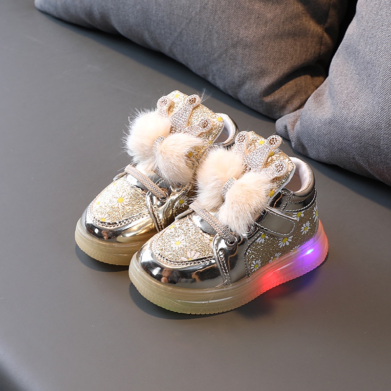 CG LED16-Sepatu Lampu LED Anak Perempuan Fur Crown