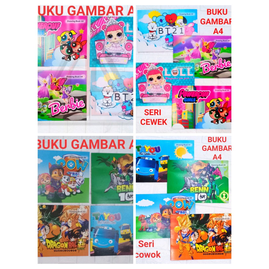 Buku gambar a4 karakter lol barbie tayo ben-10 dragon ball paw patrol karakter disney-ISI 10 BUKU MIX