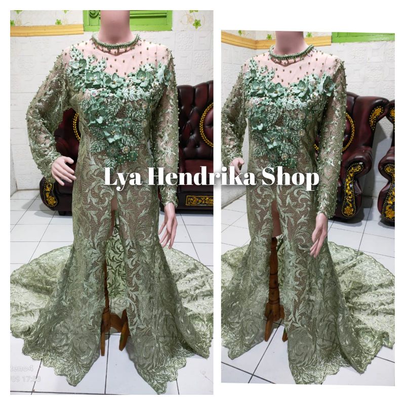 Kebaya akad ekor payet green Sage+veil