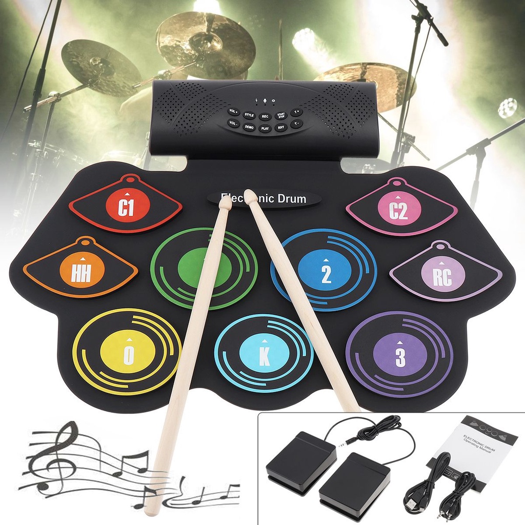 9 Pad Drum Elektronik Bahan Silikon Warna Pelangi Dengan Pedal Kabel USB MIDI