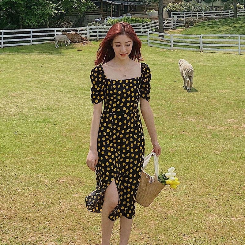 H7 Korean vintage dress square neck  dress midi leher kotak floral yellow belahan kanan 199