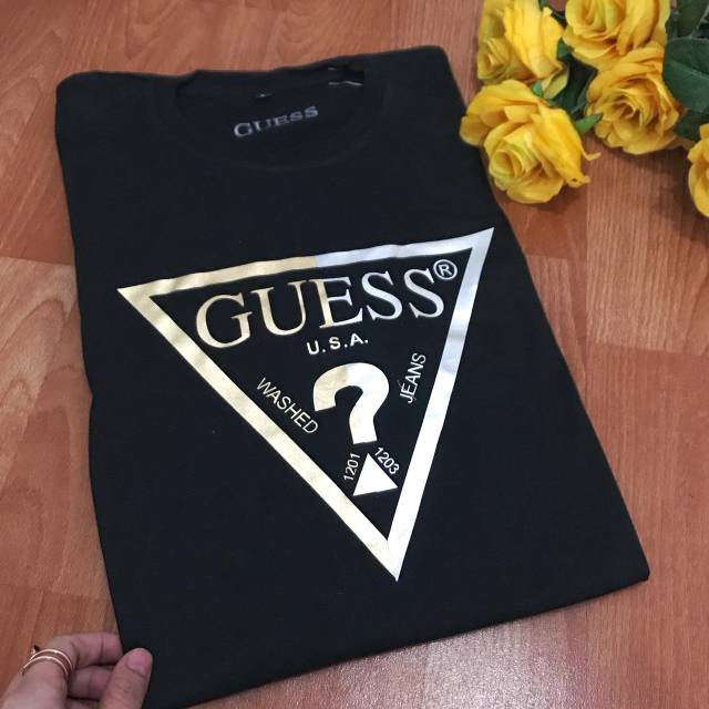 guess gold logo t shirt