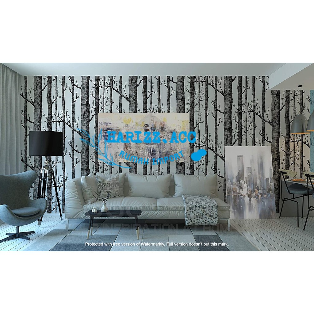 WALLPAPER STIKER DINDING MOTIF POHON GUGUR PANORAMA HITAM PUTIH